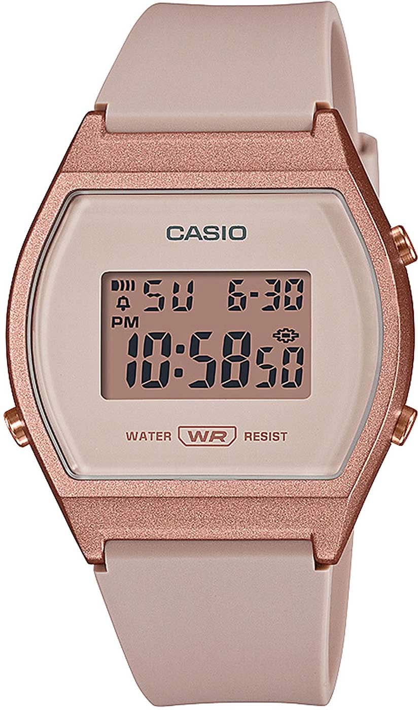 Montre Casio pour femme avec affichage numérique, bracelet et boîtier roses