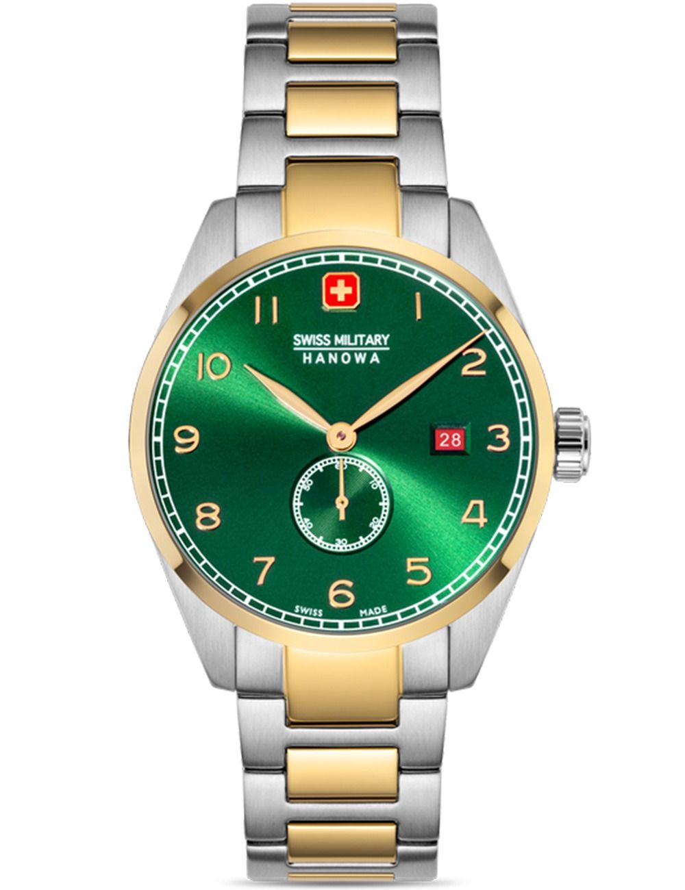 Herrenarmbanduhr mit zweifarbigen Edelstahlband und grünem Zifferblatt, Datum bei 3