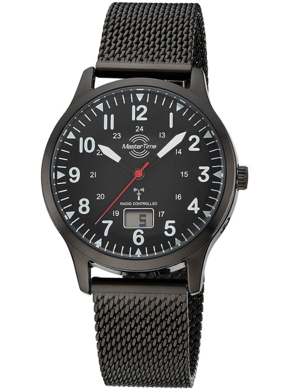 Master Time Herrenuhr mit schwarzem Meshband, analogem Zifferblatt und Datumsanzeige.