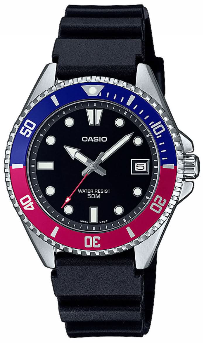 Montre de plongée Casio : bracelet noir, cadran sombre, lunette bleu-rouge