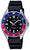 Montre de plongée Casio : bracelet noir, cadran sombre, lunette bleu-rouge