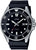 Montre de plongée Casio pour homme avec cadran noir, lunette argentée et bracelet en silicone noir.