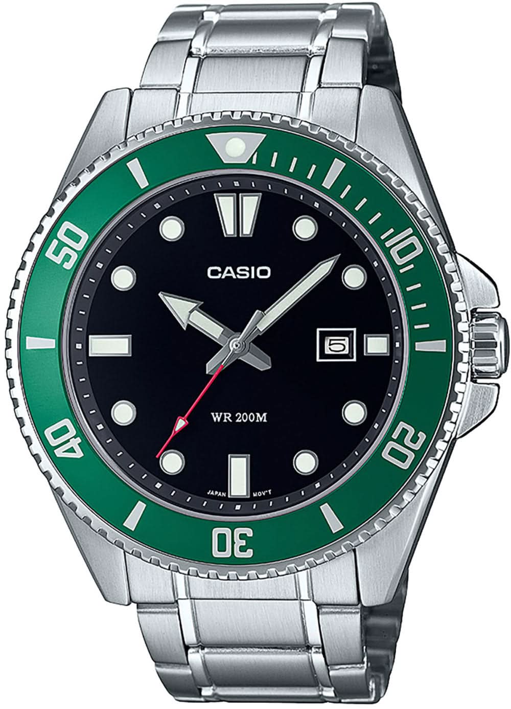 Montre Casio pour homme avec bracelet en acier, boîtier rond et cadran vert et noir