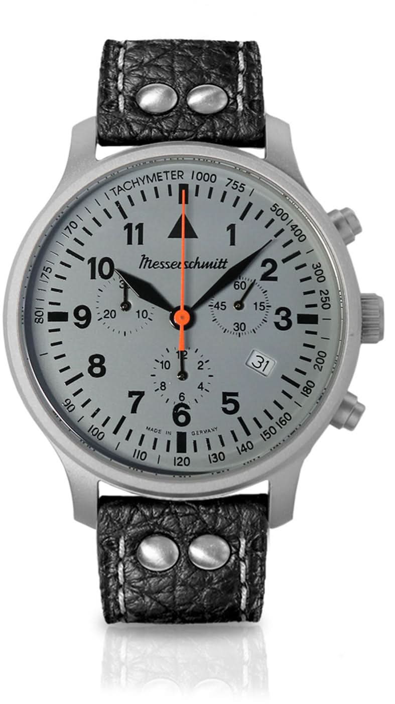 Montre homme avec bracelet en cuir noir et cadran noir, chronographe avec accents rouges