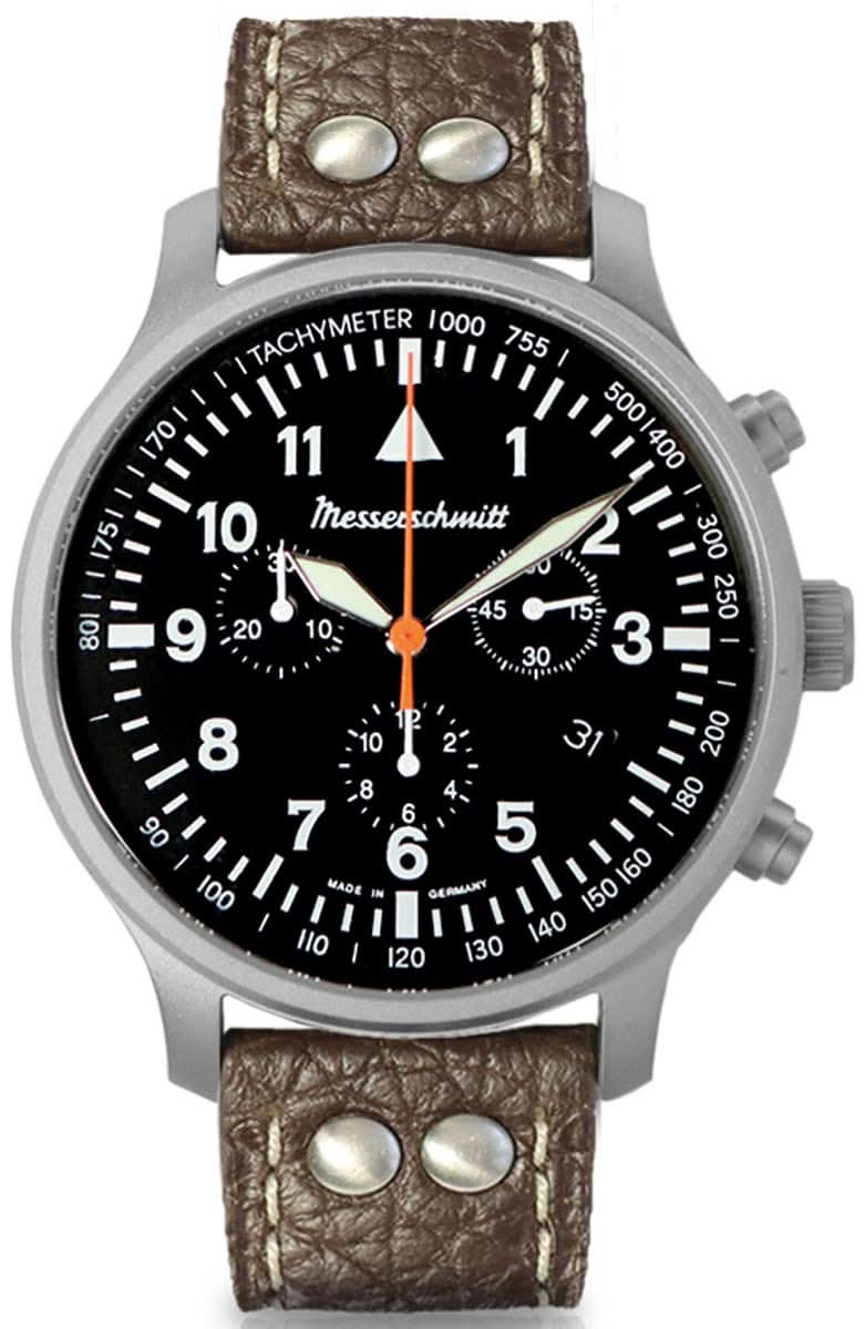 Montre Messerschmitt pour homme avec cadran noir, échelle tachymétrique et bracelet en cuir marron