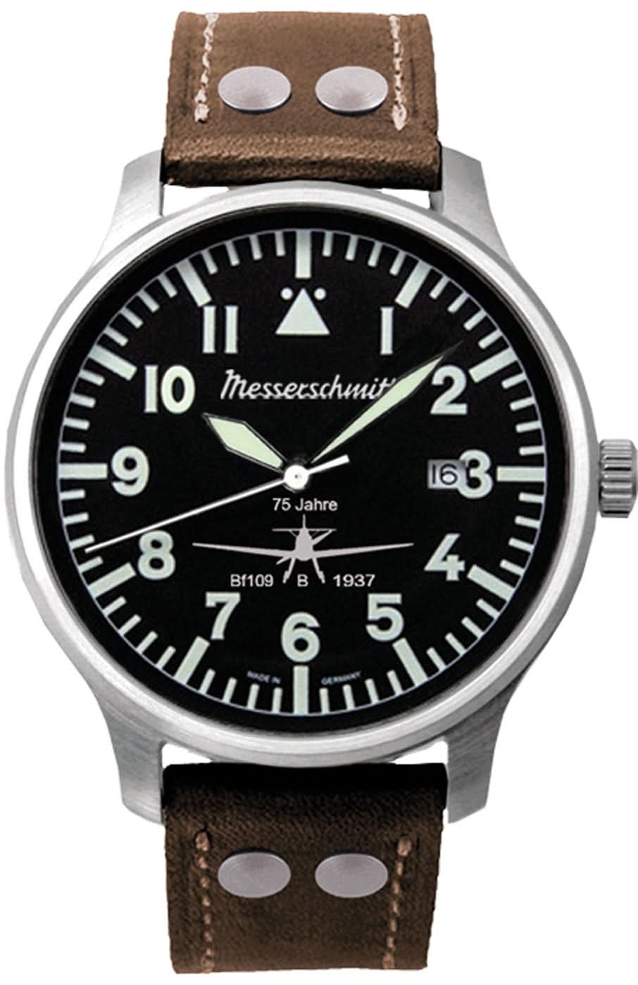 Bracelet de montre pour homme Messerschmitt avec cadran noir, bracelet en cuir marron, date