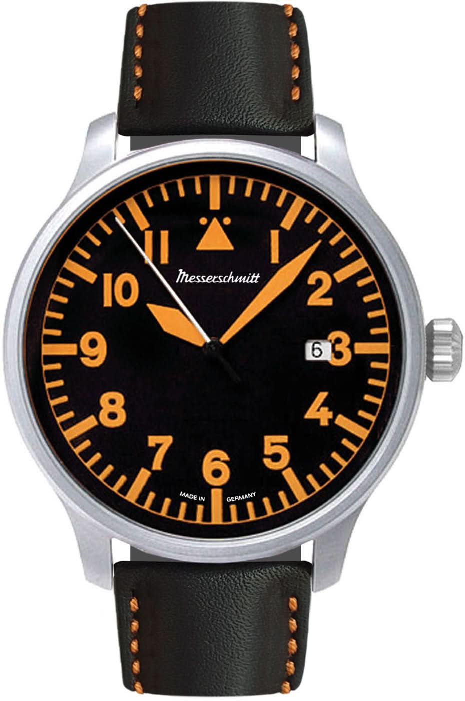 Herren-Fliegeruhr mit schwarzem Zifferblatt und orangefarbenen Ziffern, Lederarmband