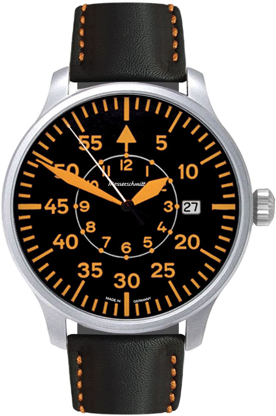 Montre d'aviateur Messerschmitt pour homme avec cadran noir, bracelet en cuir et boîtier en métal