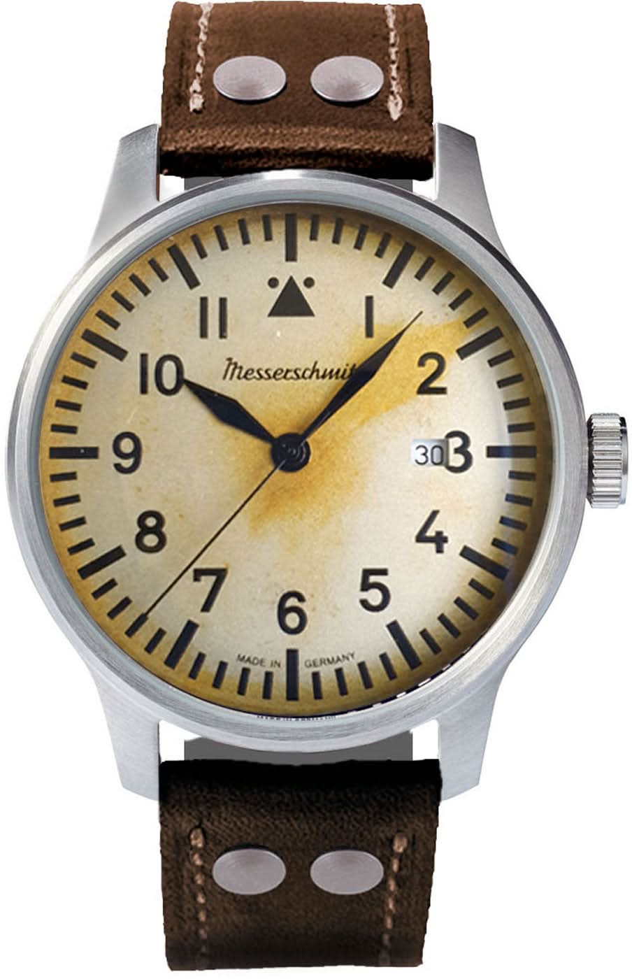Montre Messerschmitt pour homme avec bracelet en cuir marron et cadran jaunâtre