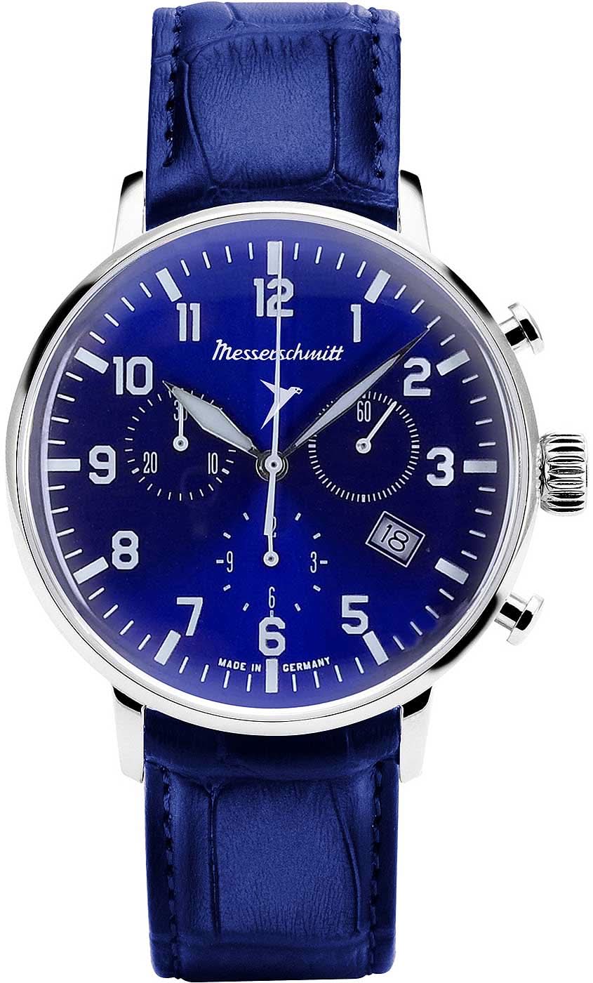 Bracelet de montre pour homme Messerschmitt avec cadran bleu, affichage chrono et bracelet en cuir bleu