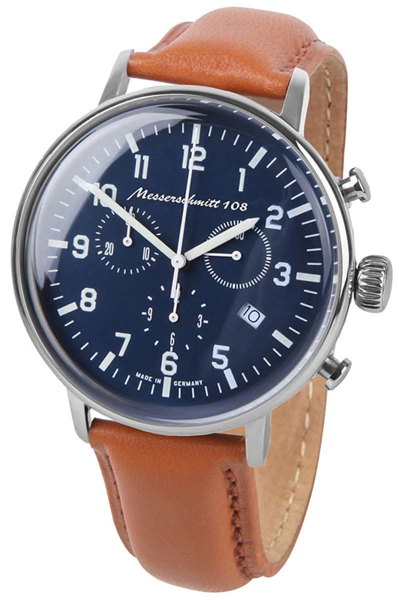 Montre homme avec bracelet en cuir marron, cadran bleu foncé et aiguilles argentées