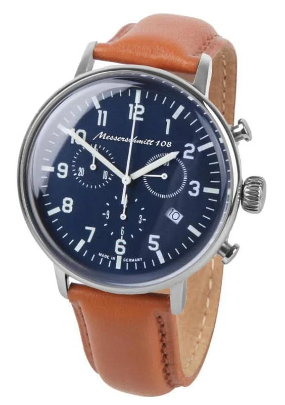 Messerschmitt Chronograph Herrenuhr mit rundem blauem Zifferblatt und braunem Lederband