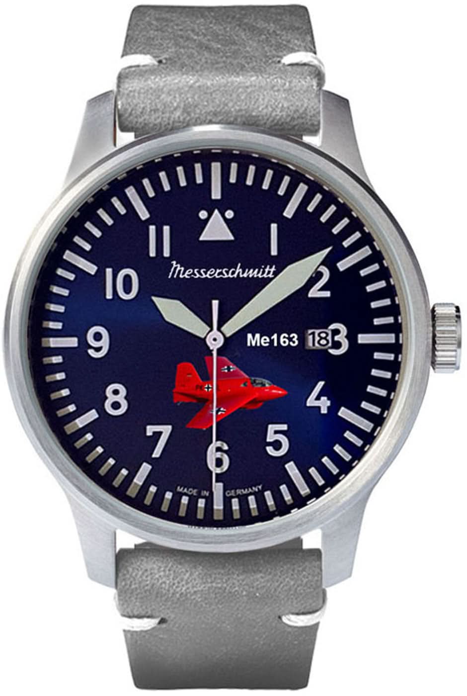 Herrenuhr mit rundem blauem Zifferblatt, silbernem Gehäuse und grauem Lederarmband, Messerschmitt