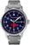 Herrenuhr mit rundem blauem Zifferblatt, silbernem Gehäuse und grauem Lederarmband, Messerschmitt