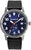 Montre homme avec cadran rond bleu, bracelet en cuir noir et détails orange