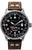 Montre homme avec bracelet en cuir marron, cadran noir et aiguilles rouges