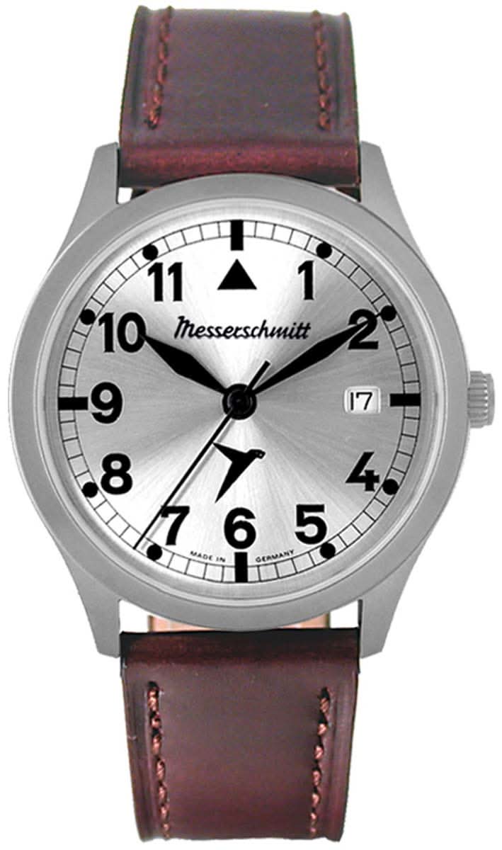 Montre pour homme avec boîtier argenté, bracelet en cuir marron et cadran blanc