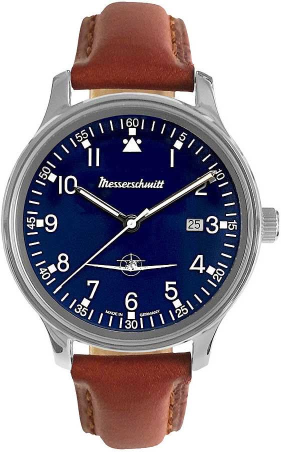 Messerschmitt Fliegeruhr mit blauem Zifferblatt, braunem Lederband und Edelstahlgehäuse