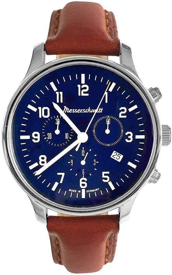 Montre Messerschmitt ME42CH-L pour homme avec cadran bleu et bracelet en cuir marron