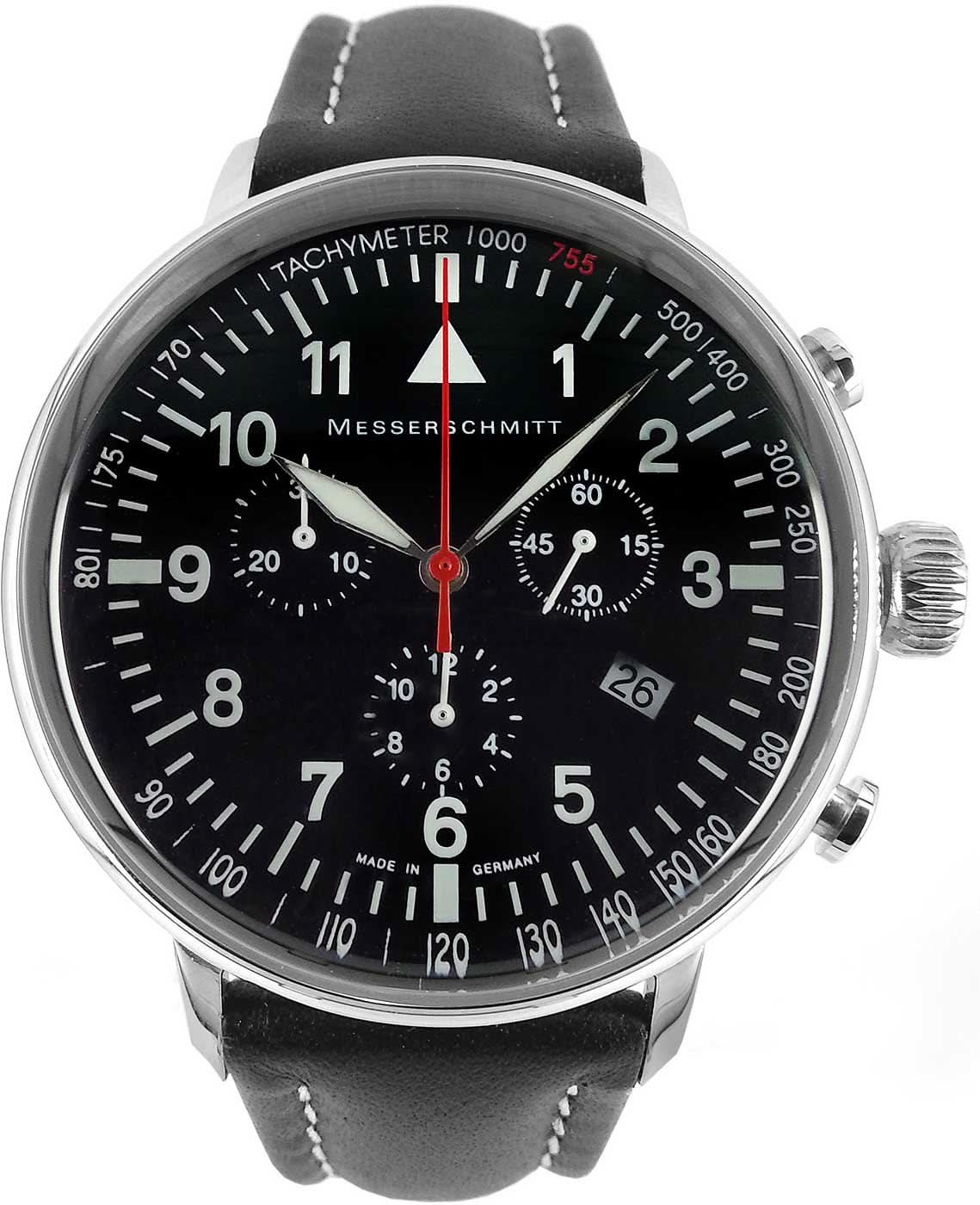 Herrenuhr mit schwarzem Zifferblatt, rotem Sekundenzeiger und dunkelgrauem Lederband