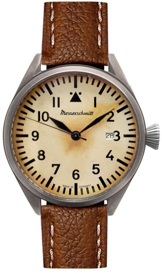 Montre vintage pour homme avec cadran beige et bracelet en cuir marron, lunette ronde en métal