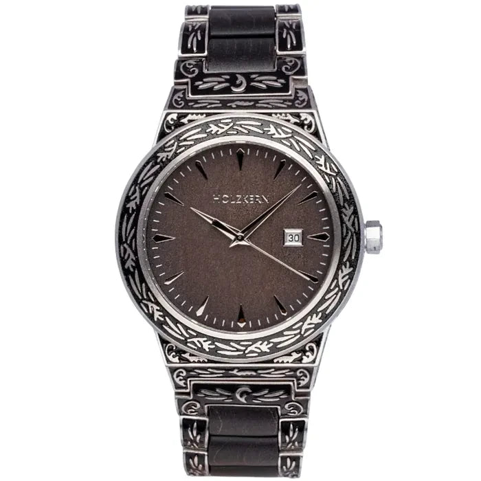 Holzkern Quarzarmbanduhr in Grau, Metallarmband mit Zierprägung, rundes dunkles Zifferblatt