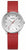 Montre pour femme avec bracelet en cuir rouge et boîtier argenté, cadran blanc avec index.