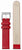 Montre pour femme avec bracelet en cuir rouge, fermoir ouvert et fond imprimé avec rangée de trous.