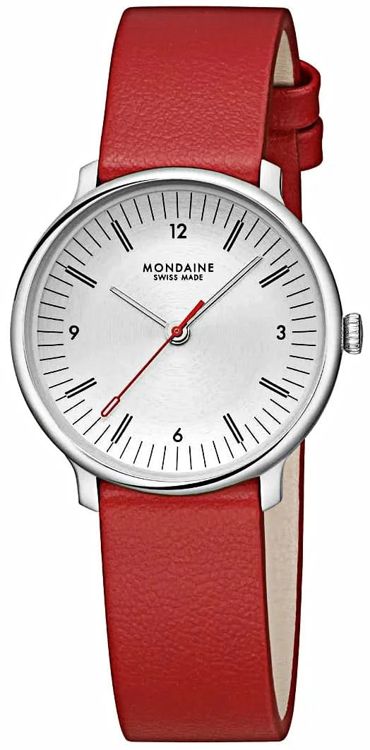Montre pour femme avec bracelet en cuir rouge, boîtier argenté et cadran blanc.