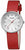 Montre pour femme avec bracelet en cuir rouge, boîtier argenté et cadran blanc.