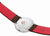 Vue arrière d'une montre pour homme : boîtier rond avec bracelet marron et rouge