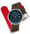 Montre homme avec bracelet marron et dessous rouge, cadran bleu foncé