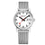 Damenuhr mit silberfarbenem Metallarmband und weißem Zifferblatt, Datum bei 3 Uhr