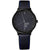 Mondaine Helvetica Armbanduhr mit schwarzem Lederarmband und blauem Zierstich, dunklem Zifferblatt