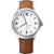 Herrenuhr mit braunem Lederarmband, silberfarbenem Gehäuse und weißem Zifferblatt