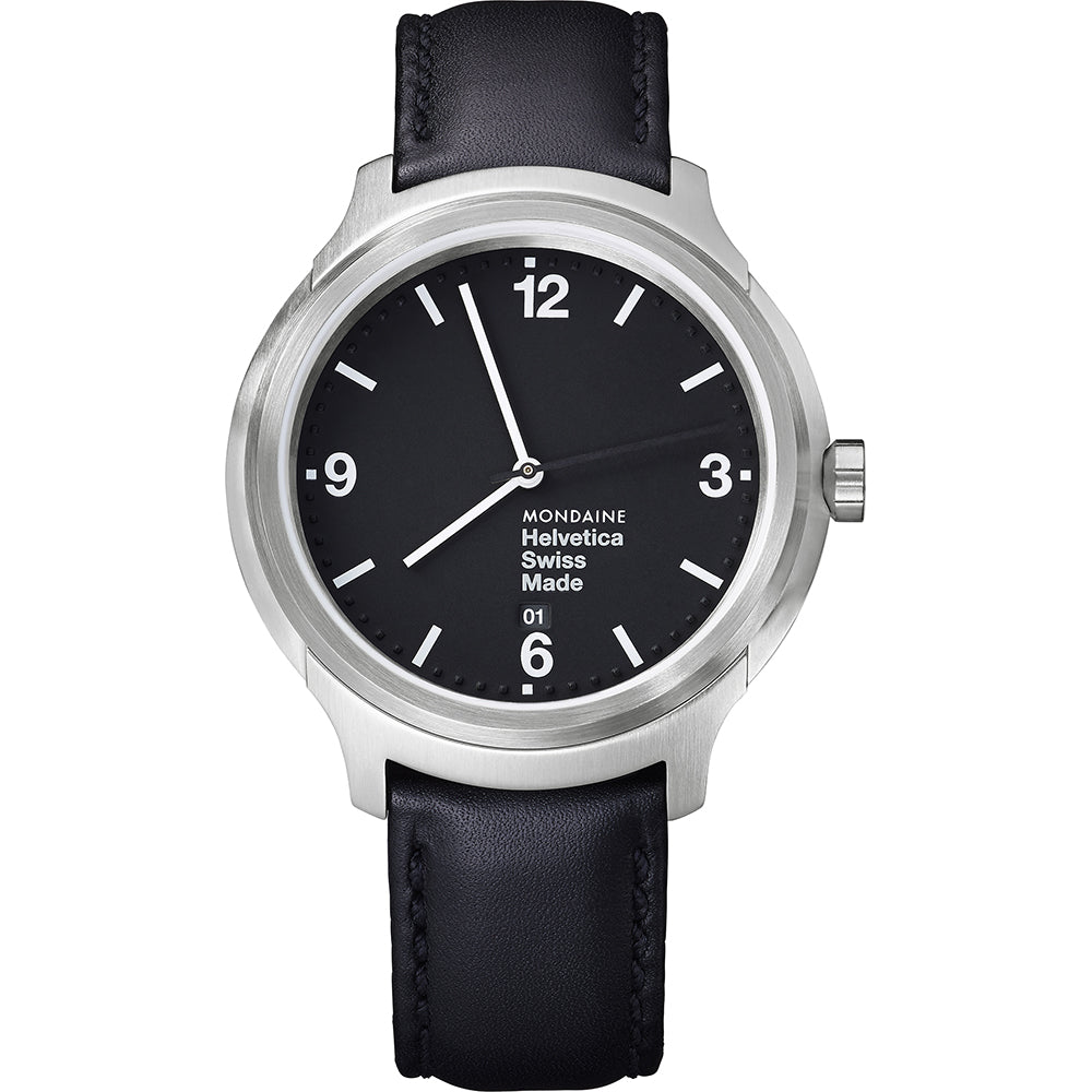 Mondaine Helvetica Herrenuhr mit schwarzem Zifferblatt, silbernem Gehäuse und schwarzem Lederarmband