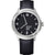 Mondaine Helvetica Herrenuhr mit schwarzem Zifferblatt, silbernem Gehäuse und schwarzem Lederarmband