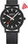 Montre Mondaine avec cadran noir, bracelet noir et seconde orange