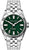 Montre pour homme avec cadran vert et bracelet en acier inoxydable argenté, lunette ronde.