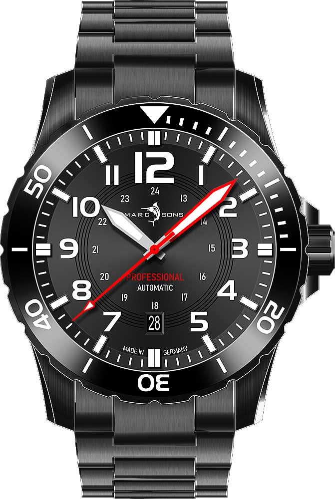 Montre de plongée avec cadran noir, aiguille des secondes rouge et bracelet en acier inoxydable