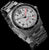 Montre homme de profil : cadran blanc, lunette noire, bracelet à maillons métalliques