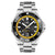 Montre homme avec cadran noir, index jaunes et bracelet en acier inoxydable argenté