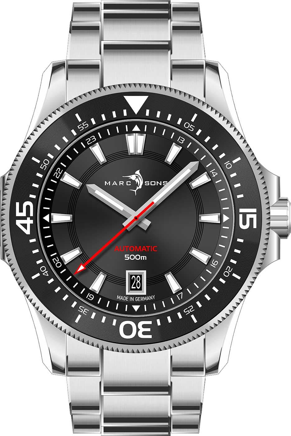 Herrenarmbanduhr: schwarzes Zifferblatt, Datumsfenster, Stahlarmband, Taucherlünette