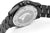 Rückseite einer Herren-Taucheruhr mit Gravur, schwarzem Gehäuse und Metallarmband