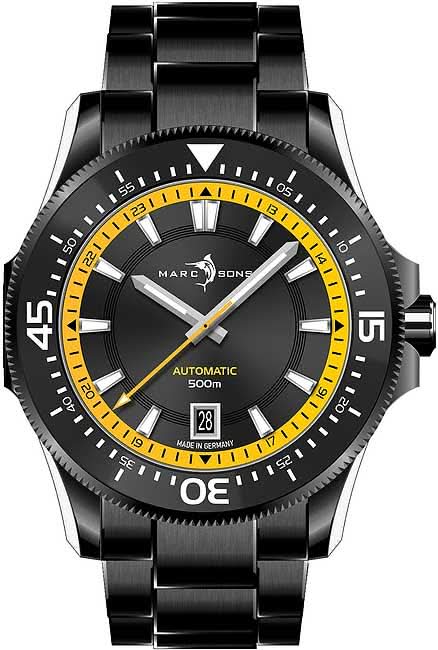 Herren-Militär-Taucheruhr mit schwarzem Zifferblatt, gelben Akzenten und Metallarmband