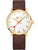 Herrenarmbanduhr mit goldfarbenem Gehäuse, weißem Zifferblatt und braunem Lederband