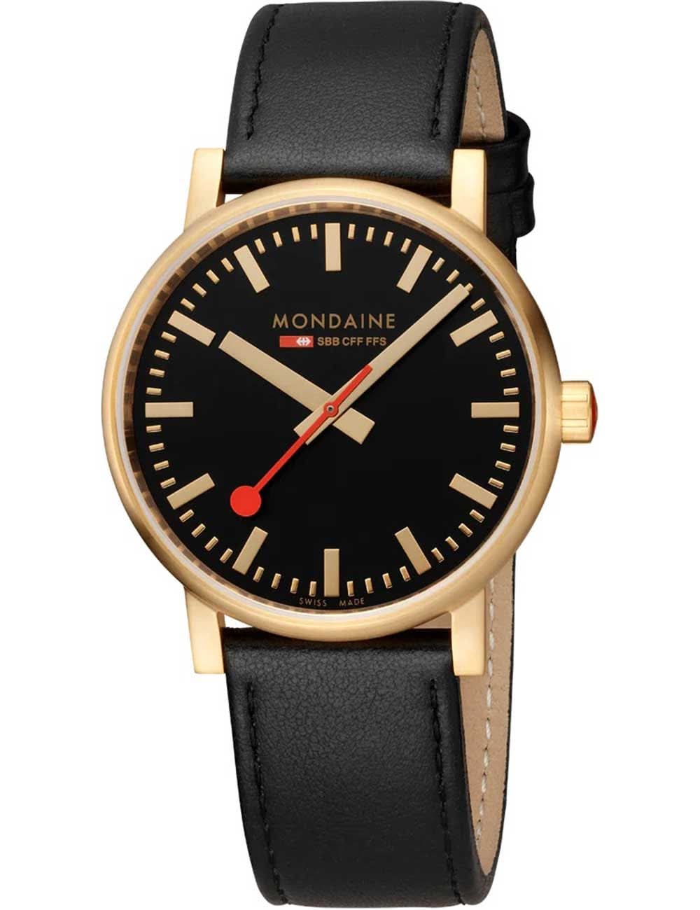 Mondaine Herrenarmbanduhr mit schwarzem Zifferblatt, goldfarbenem Gehäuse und schwarzem Lederband