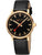 Mondaine Herrenarmbanduhr mit schwarzem Zifferblatt, goldfarbenem Gehäuse und schwarzem Lederband