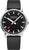 Montre avec cadran noir, boîtier argenté et bracelet en cuir noir.