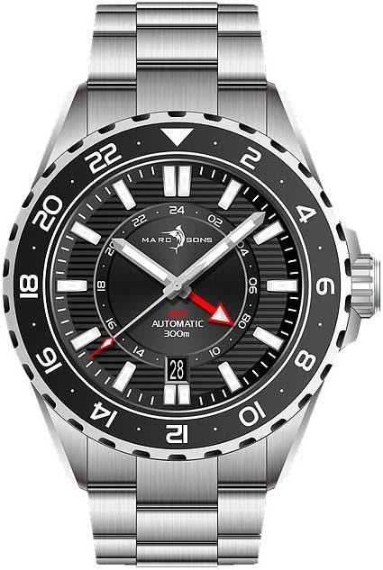 Herrenuhr mit schwarzem Zifferblatt, silbernem Edelstahlband und GMT-Lünette